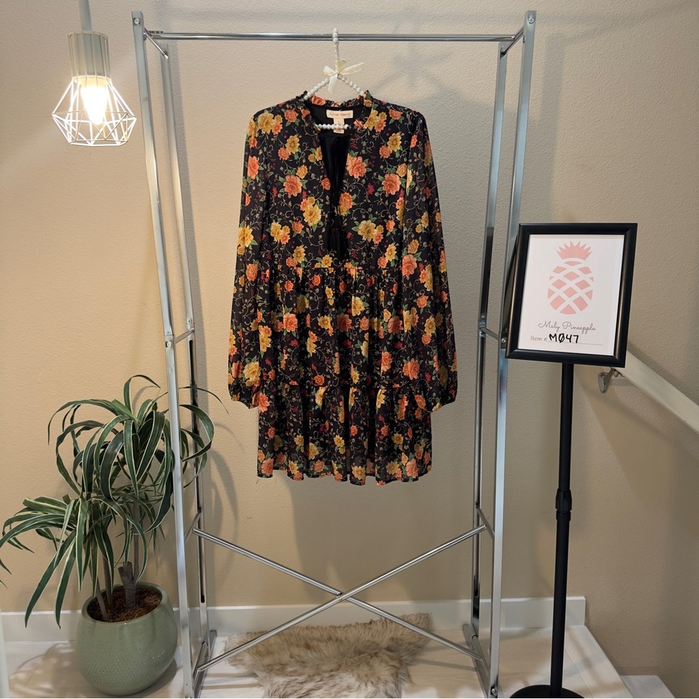 Flying Tomato size L sheer long sleeve tasseled front floral flowy mini dress